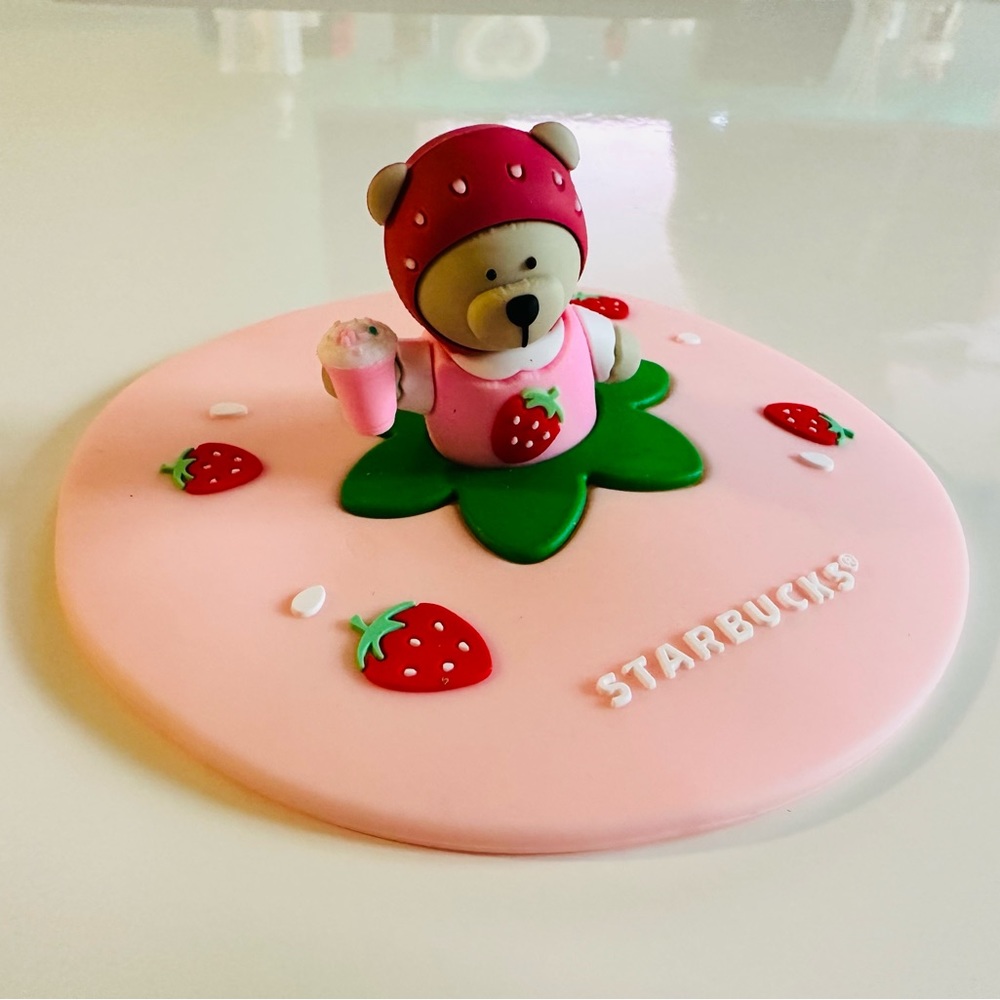 Starbucks Strawberry Pink Bear Cute Cup Glass Coffee Tea Mug Lid Cover